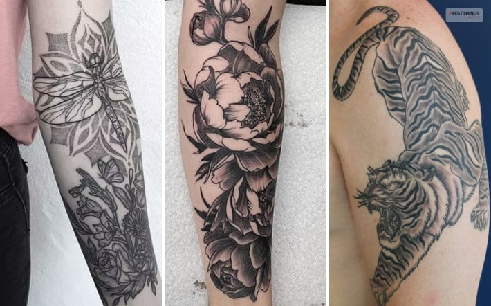 Black And Gray Illustrative Tattoos